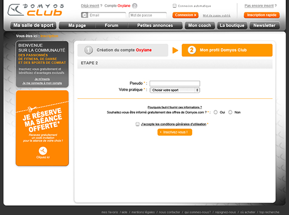 Domyos CLub Sign-up page